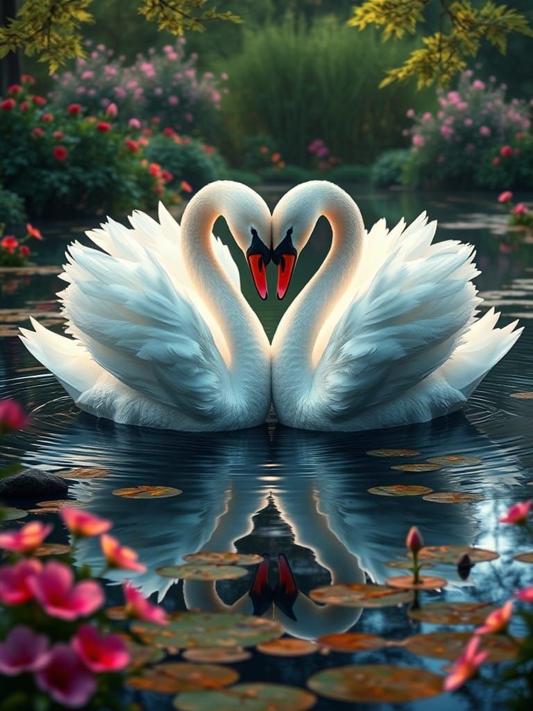 Majestic Swans Form Heart on Pond in Synthwave Style