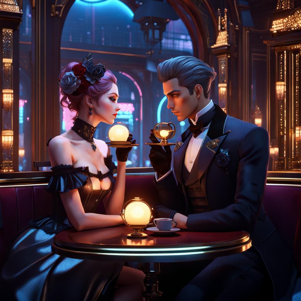 Victorian Couple in Cyberpunk Restaurant: 3D Anime Art