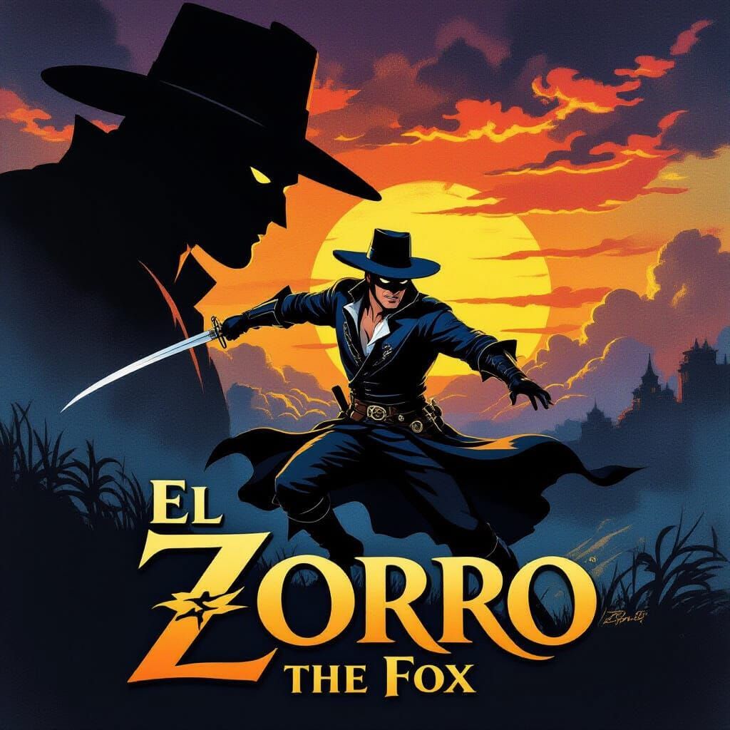 El Zorro Movie Poster: Gouache Painting of Zorro in Action