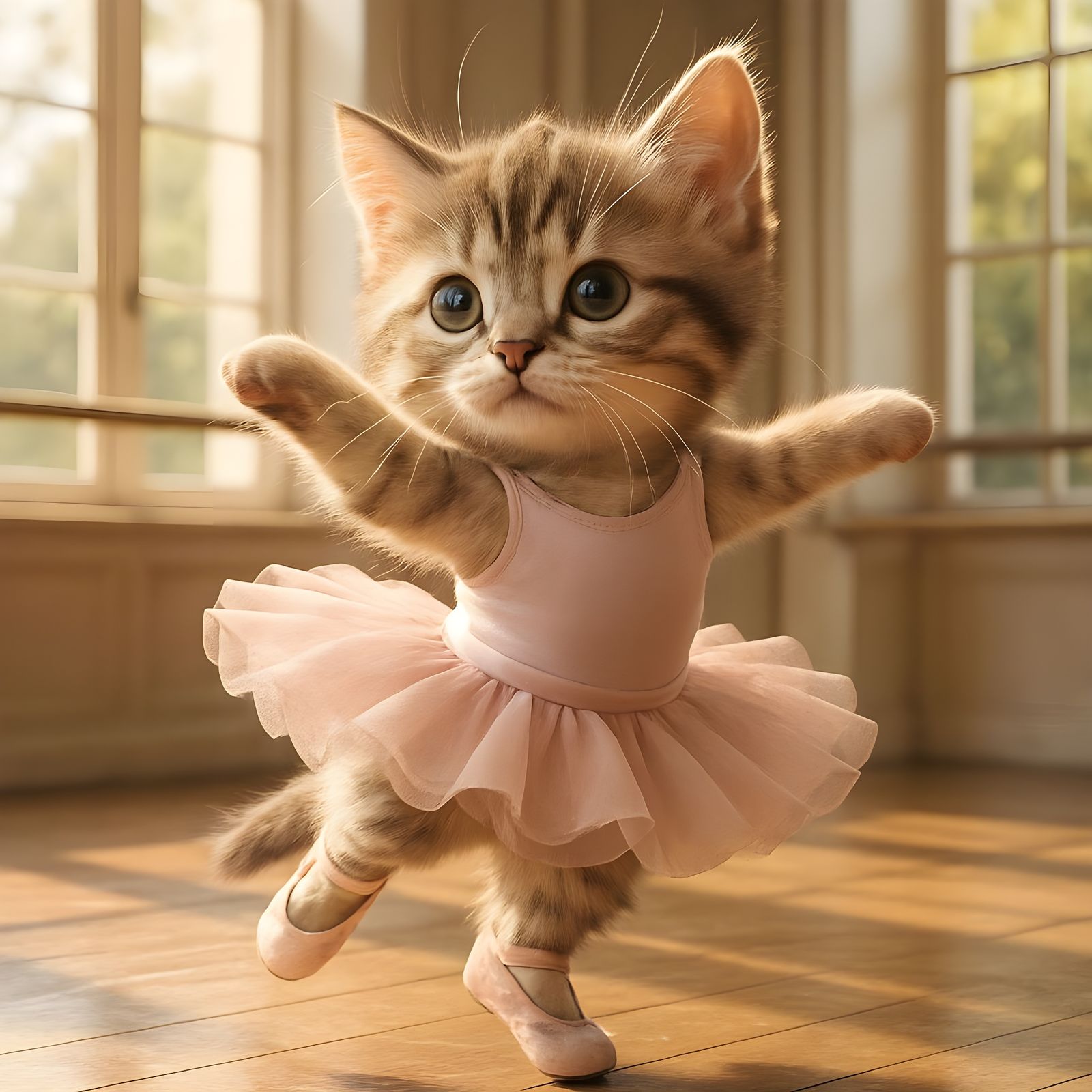 Adorable Kitten Ballerina Dancing in Sunny Studio