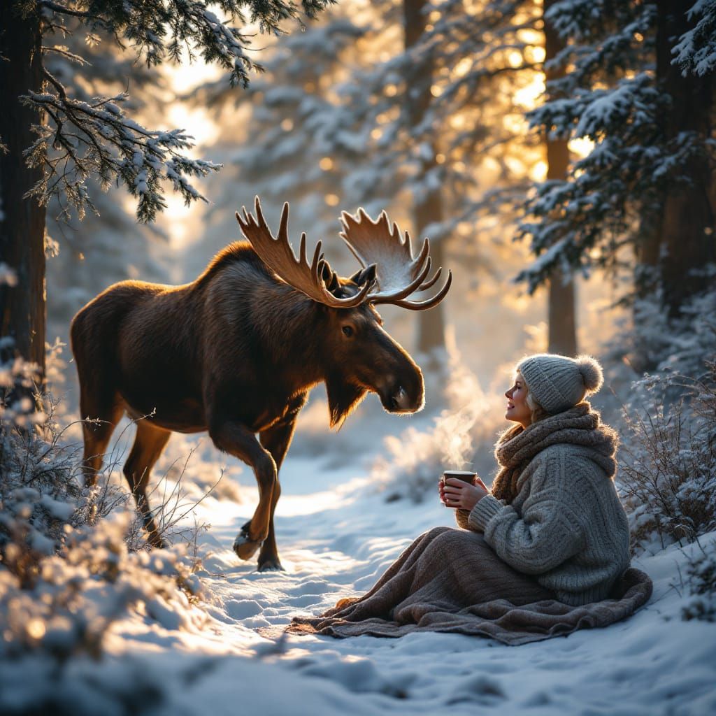 Moose and Woman in Winter Wonderland