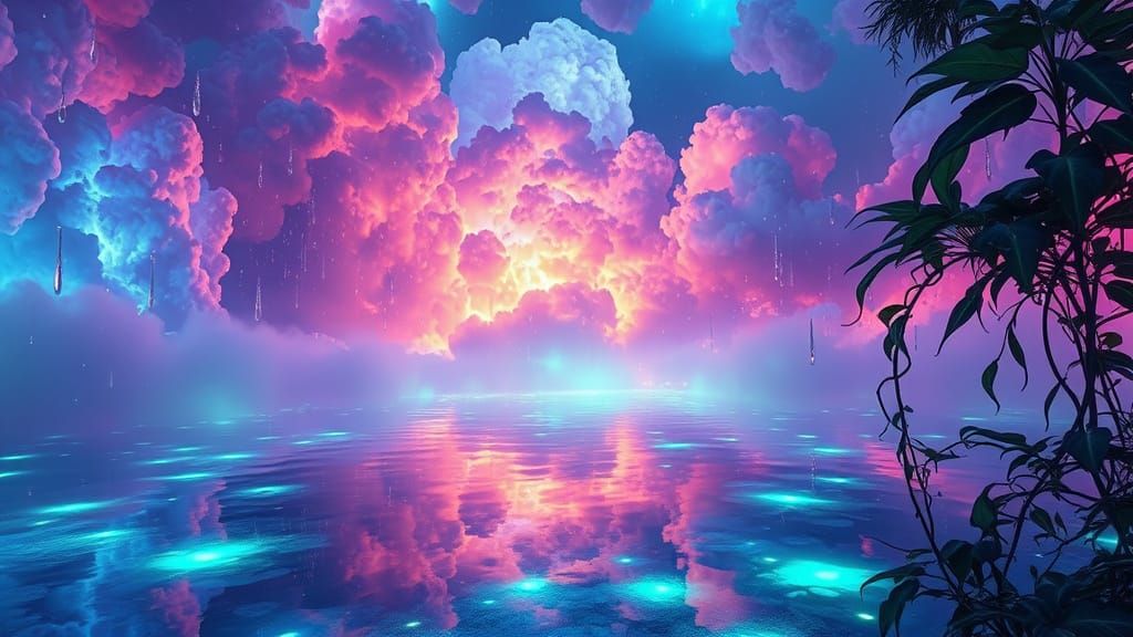 Ethereal Dreamworld with Glowing Clouds and Shimmering Pools