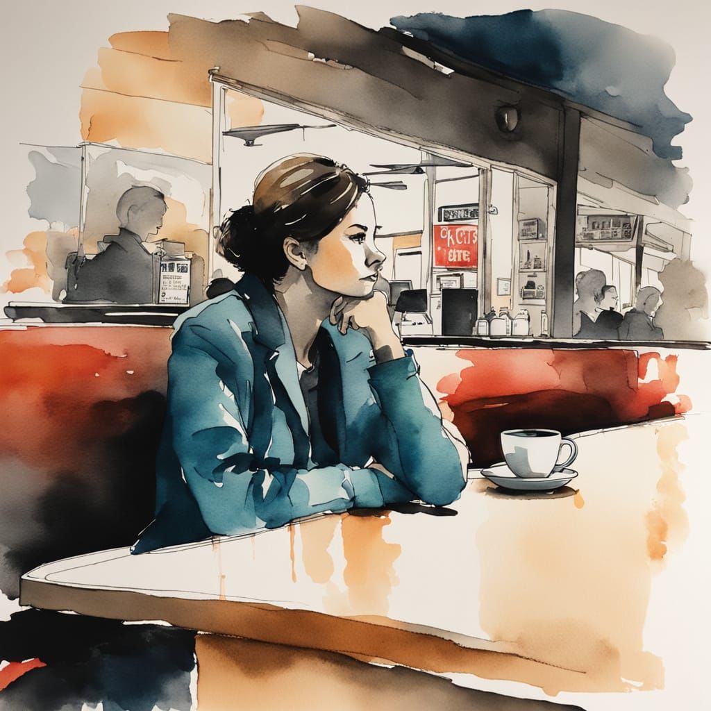 Moody Watercolor Scene of Woman at Diner Counter