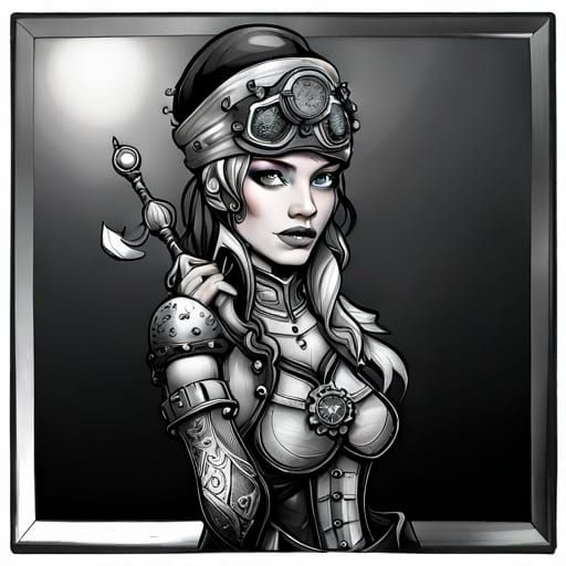 Steampunk Pirate Coloring Page in Pencil Style