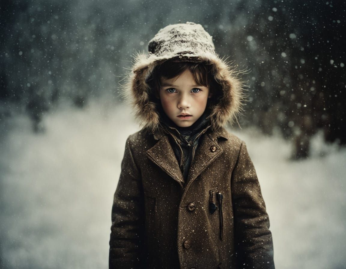 Children Stand in Winter Doorway, Snowstorm Outside, in Meti...