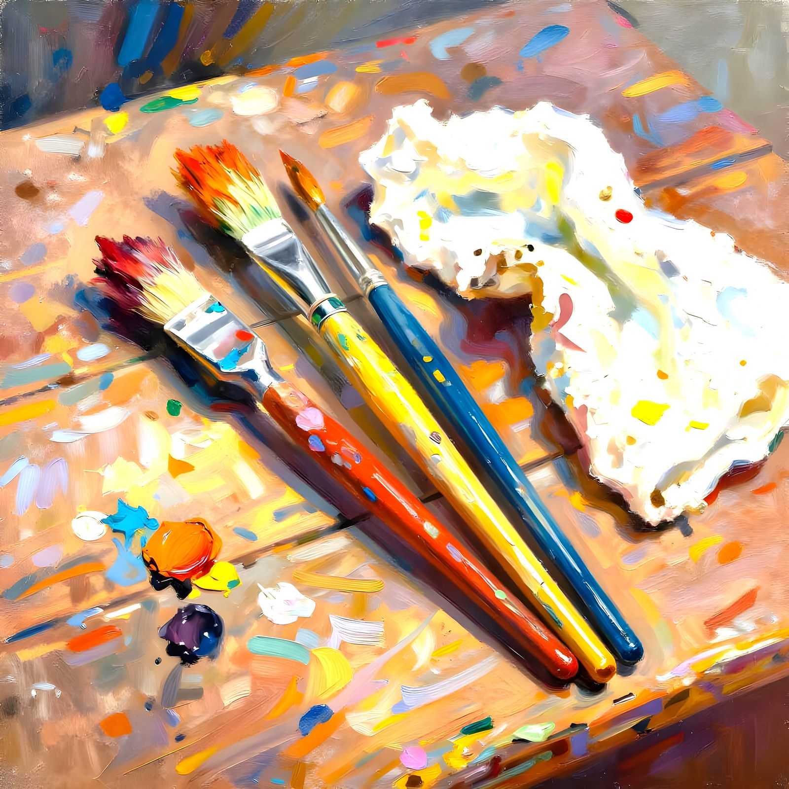 Colorful Paintbrush and Rag Art Supplies on Table