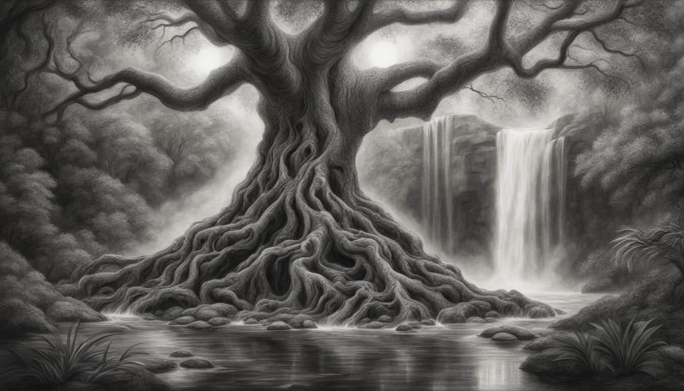 Ancient Tree Near Magic Waterfall in Charcoal