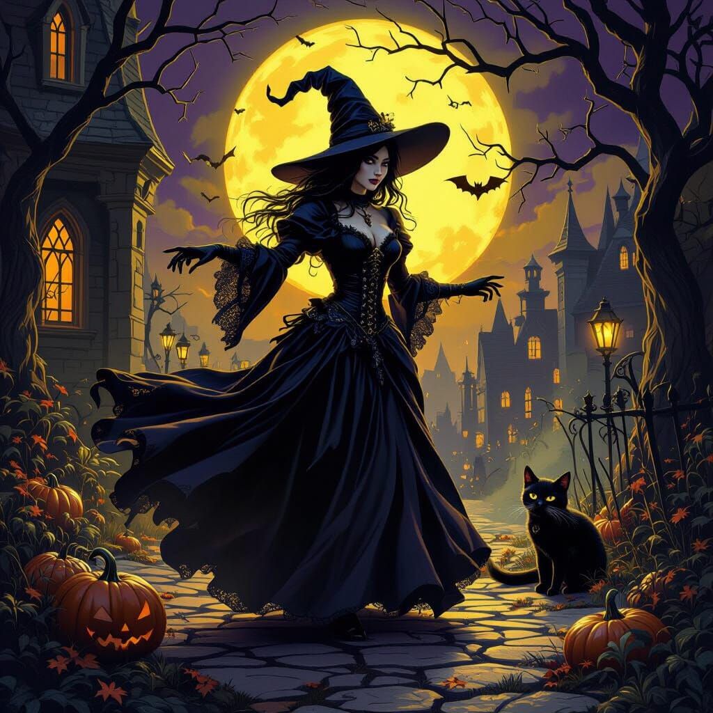 Witch Transforms into Black Cat on Halloween Night