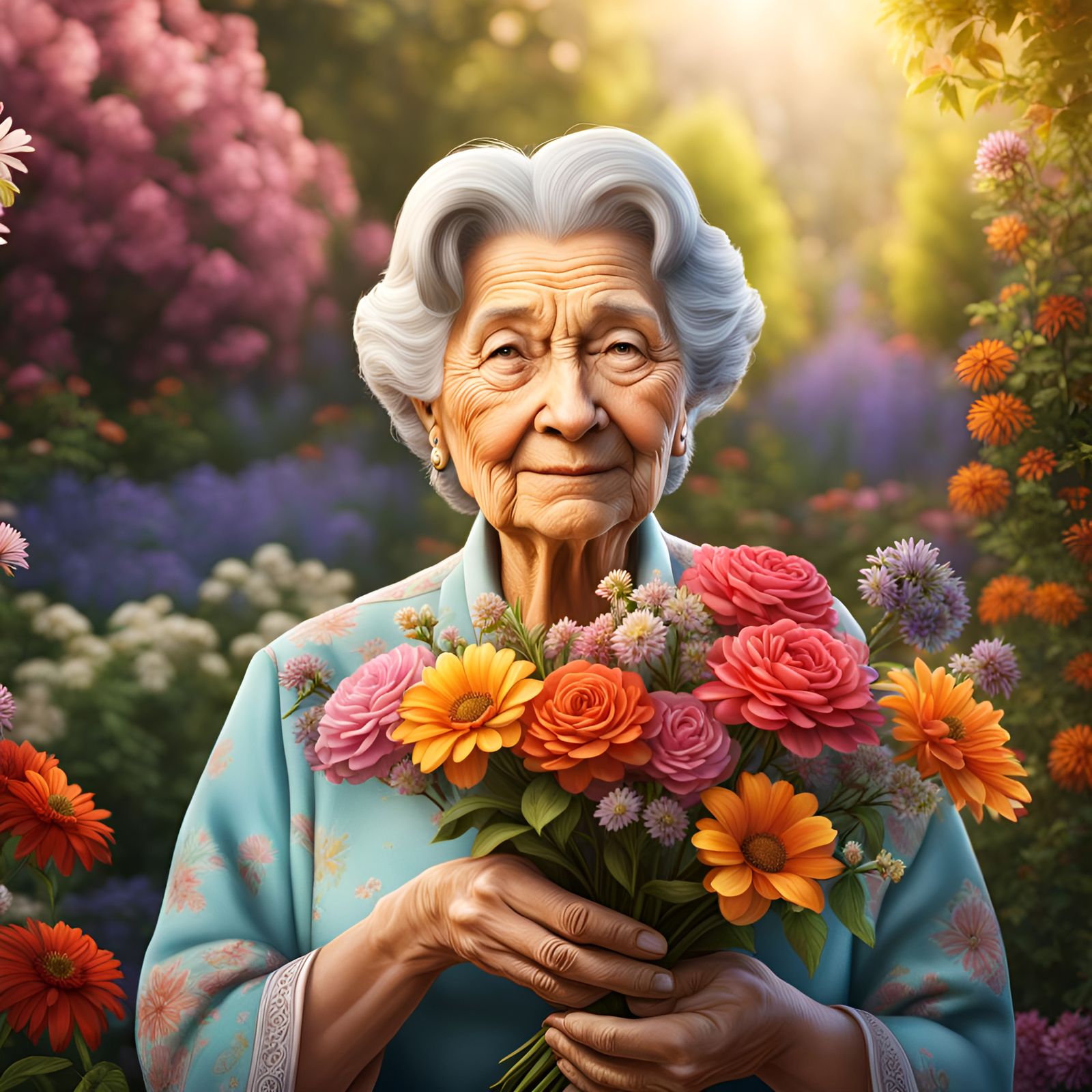 Expressing Gratitude: Photorealistic Old Woman in Garden