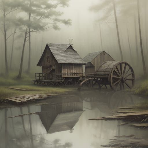 Whimsical Watercolor Waterwheels in a Misty Forest