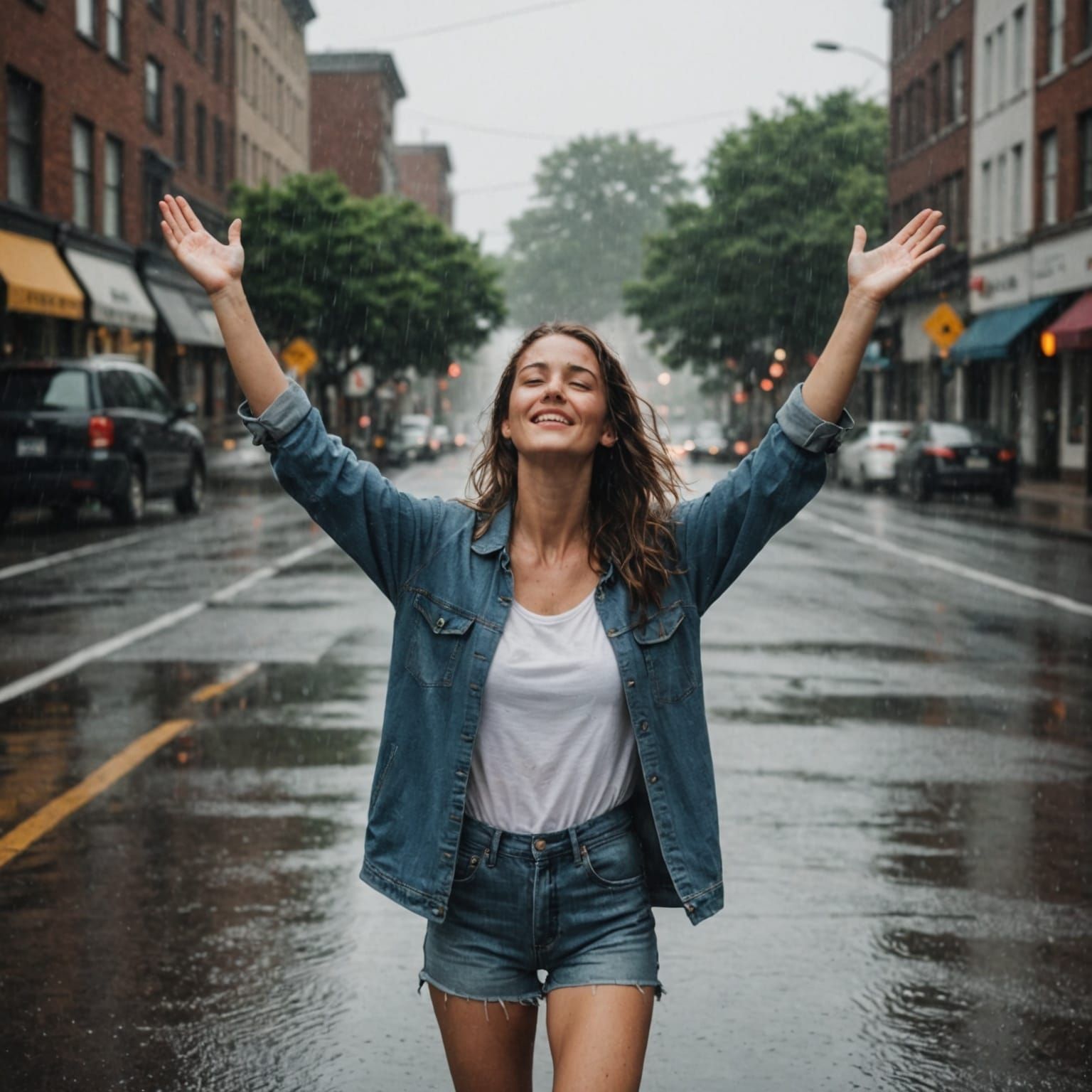 Woman Enjoys Rain on Empty Street: Cinematic Image