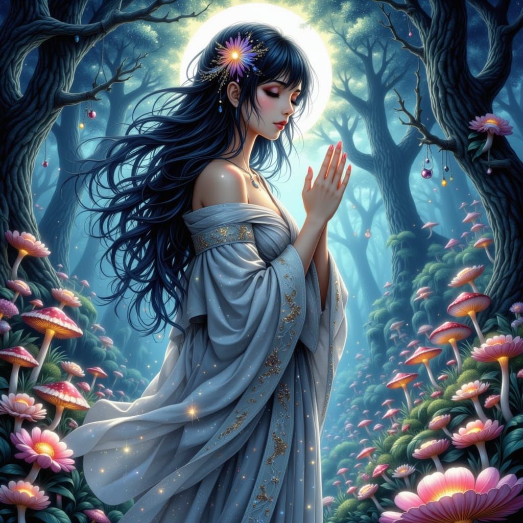 Celestial Woman Prays in Enchanted Forest