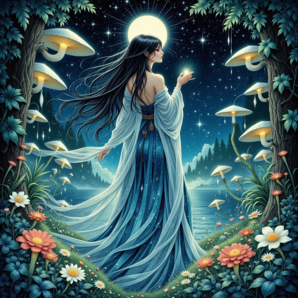 Celestial Woman Descends into Enchanted Forest