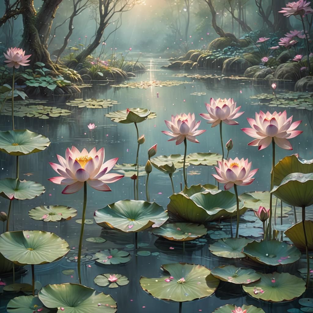 Ethereal Lotuses in Mystical Forest, Oil Painting