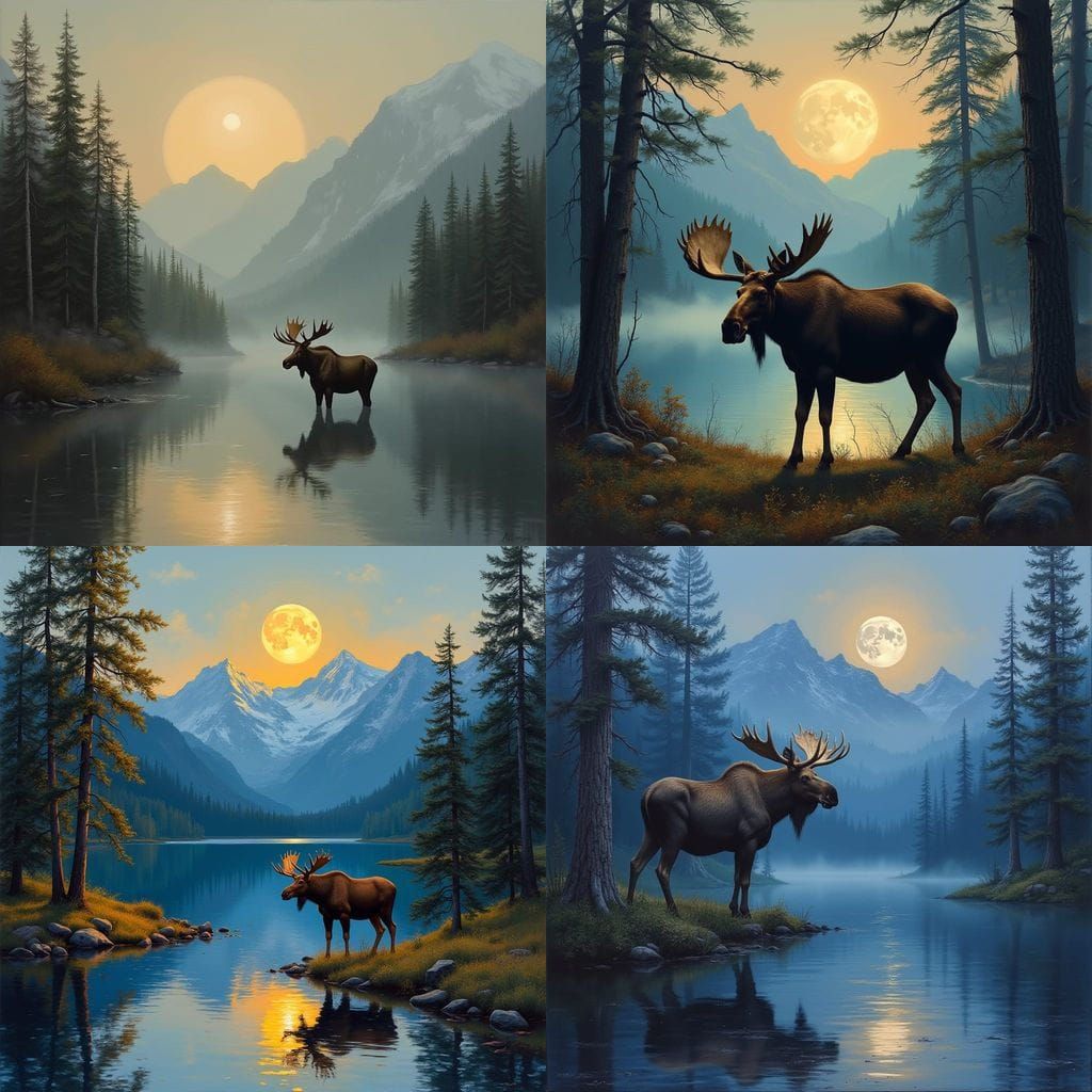 Bull Moose in Forest Under Full Moon