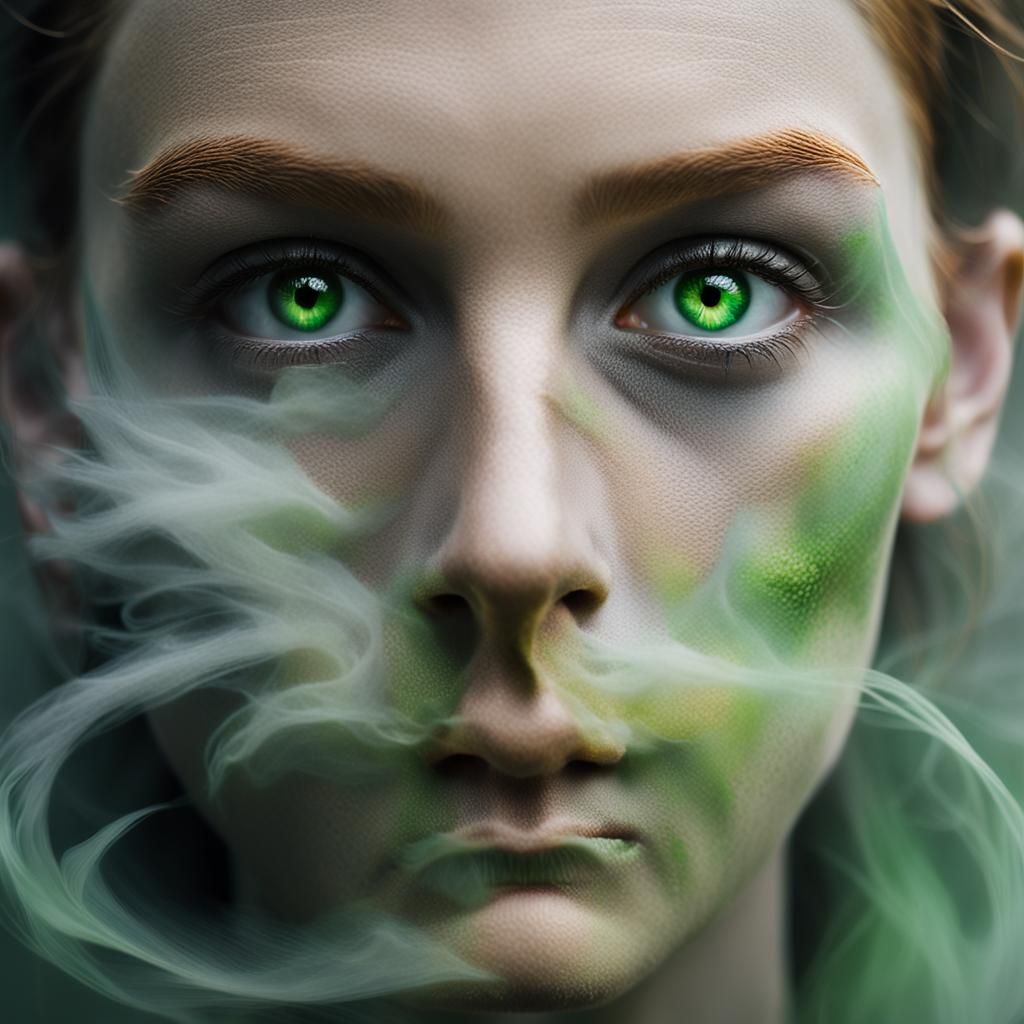 Ethereal Androgynous Face in Dreamlike Grey Mist