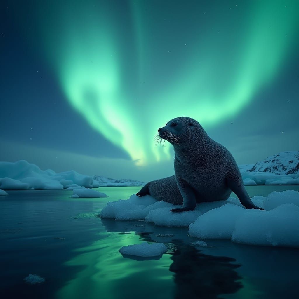 Fur Seal Watches the Aurora Borealis