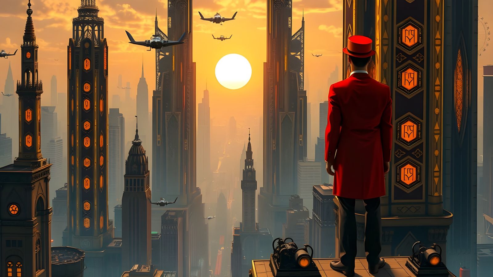 Cyberpunk Metropolis in Deco Style with Art Nouveau Flair