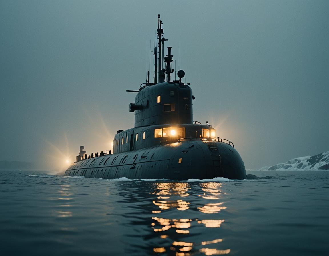 Submarine in Icy Water at Night in Cinematic Style
