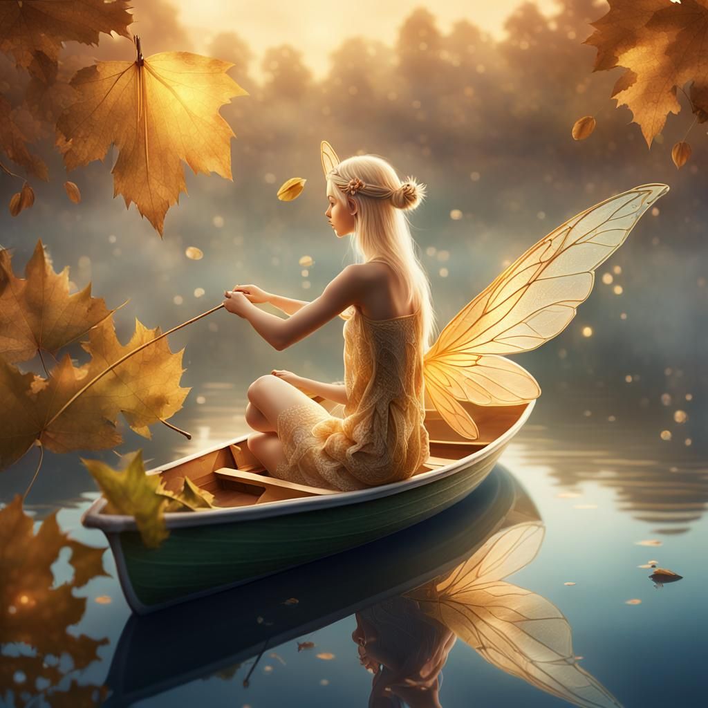 Fairy on Leaf Boat in Golden Hour: Digital Art