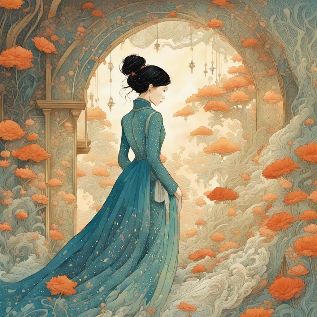 Jane Eyre in British Garden, Watercolor Illustration