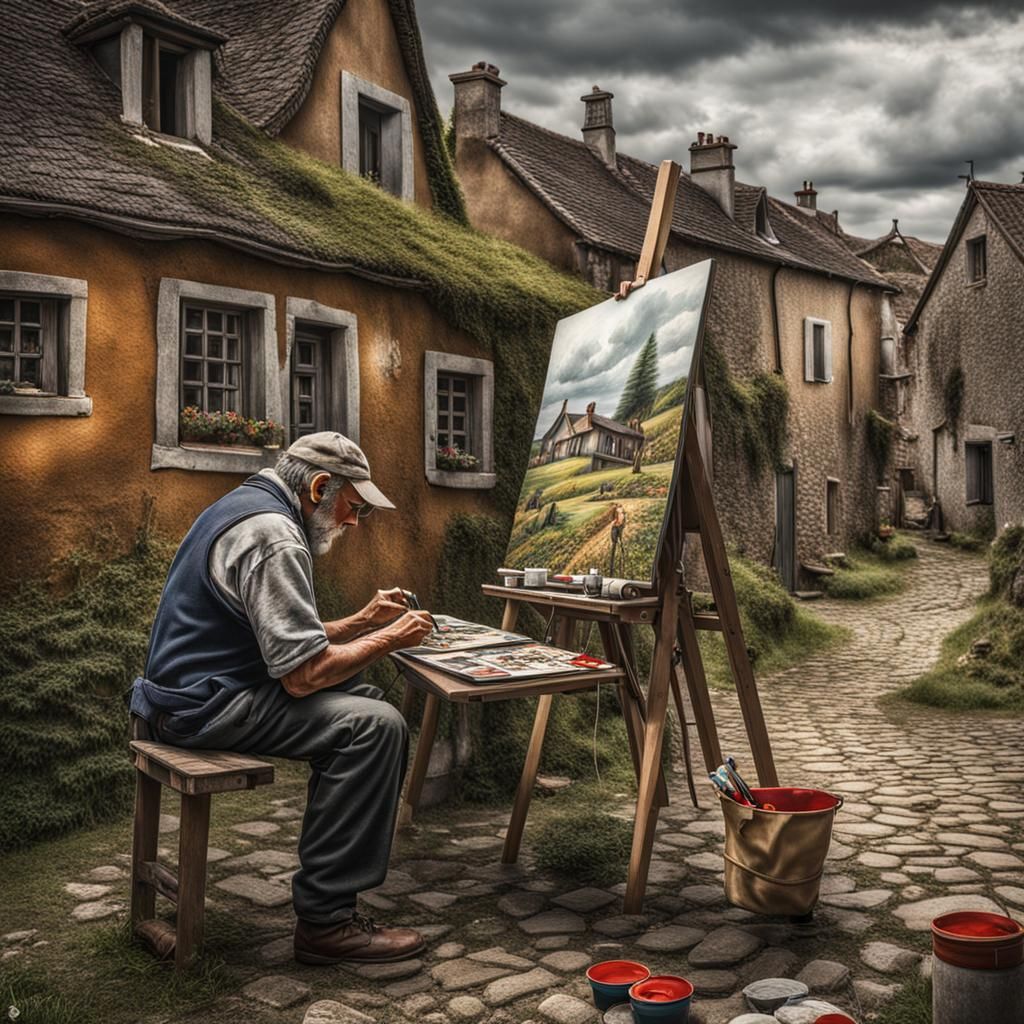 Painter Immersed in Village Beauty: Hyperrealistic Outdoor S...