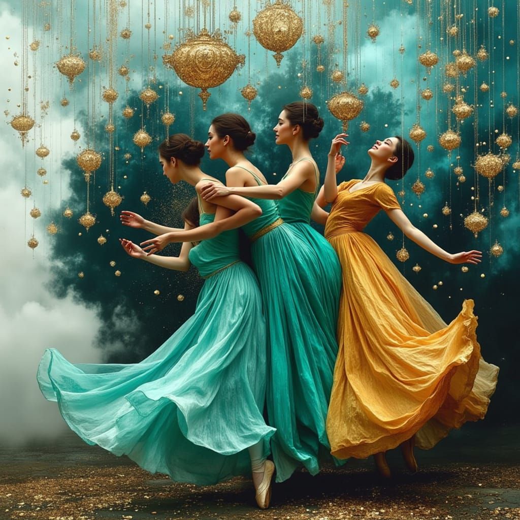 Surreal Ballet Dancers in Dreamlike Spiral Formation