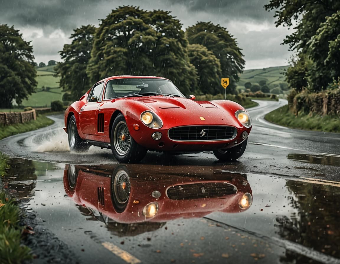 Red Ferrari GTO on Rainy Country Road