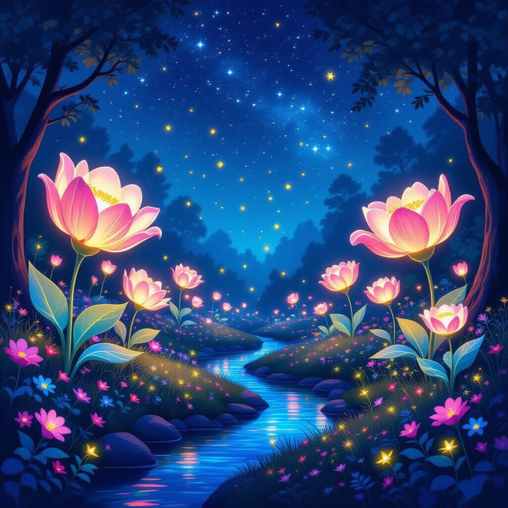 Magical Glowing Garden at Night with Bioluminescent Flowers