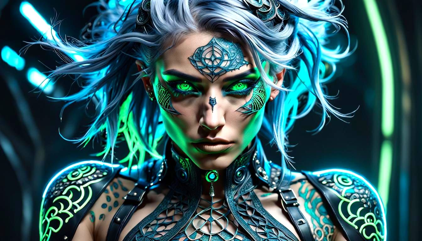 Futuristic Woman with Fractal Patterns in Cyberpunk Style