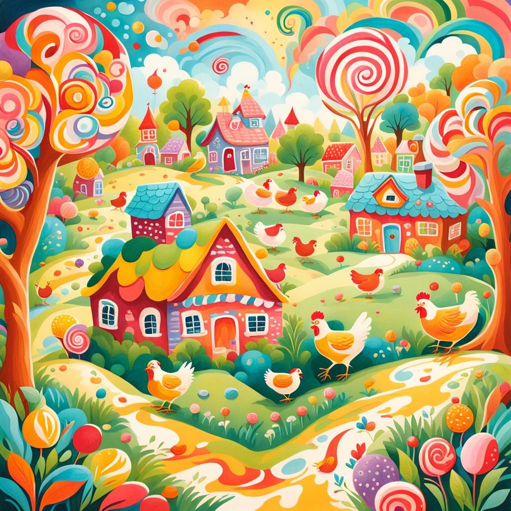 Mother Hen and Chicks in Gouache Candyland