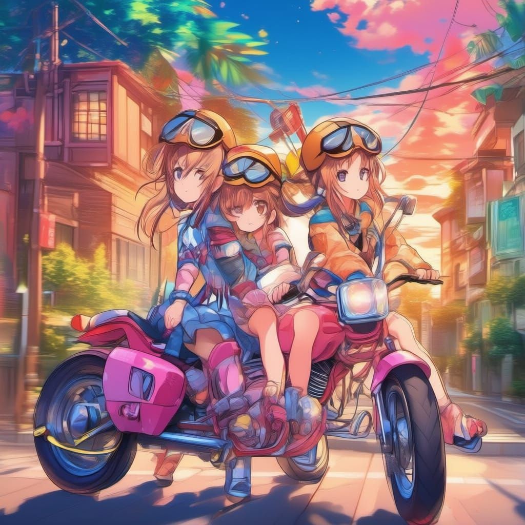 Mother and Daughters Ride Pink Motorbike in Anime Style