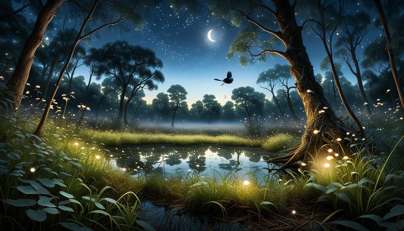 Ethereal Moonlit Glade with Twinkling Fireflies