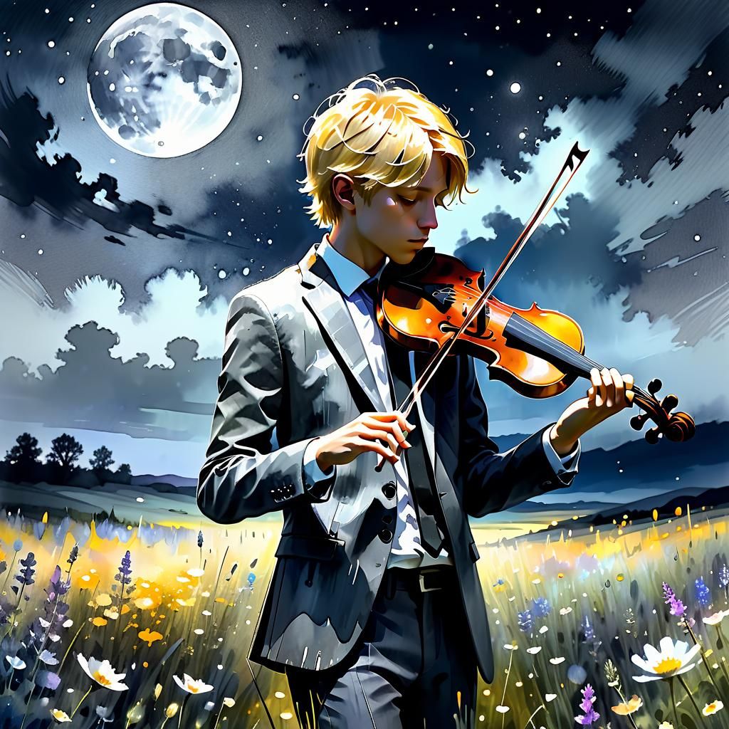 Moonlit Violinist in Watercolor Illustration