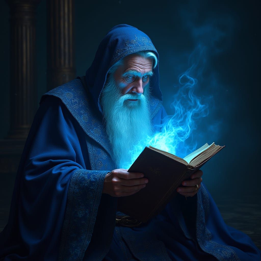 Elderly Scholar Unveils Forbidden Knowledge in Radiant Blue
