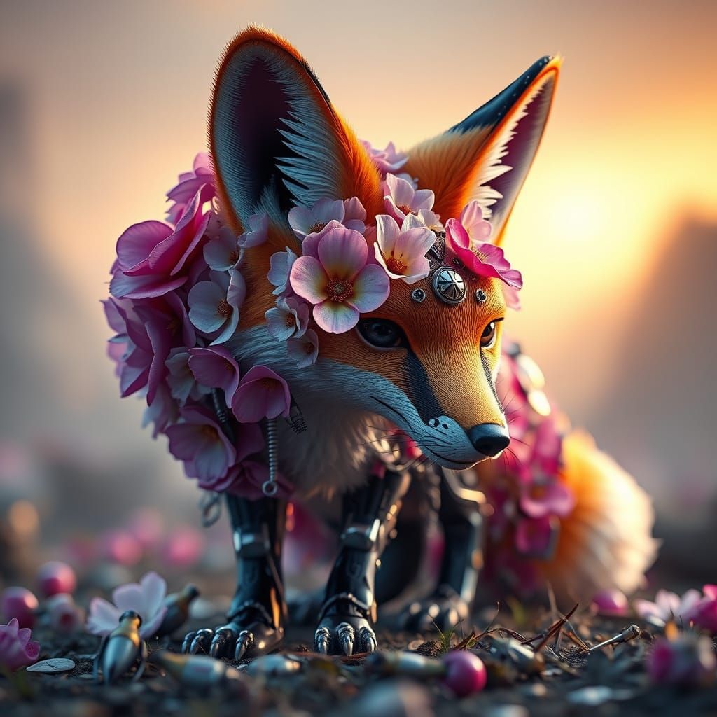 Mechanical Flower Fox in Futuristic Landscape