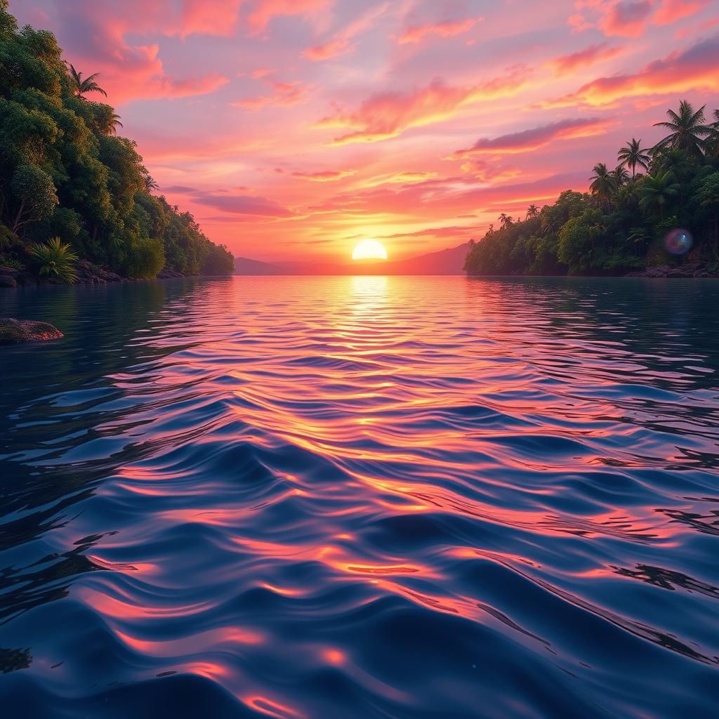 Sunset River Reflection in Surreal Mixed Media Style