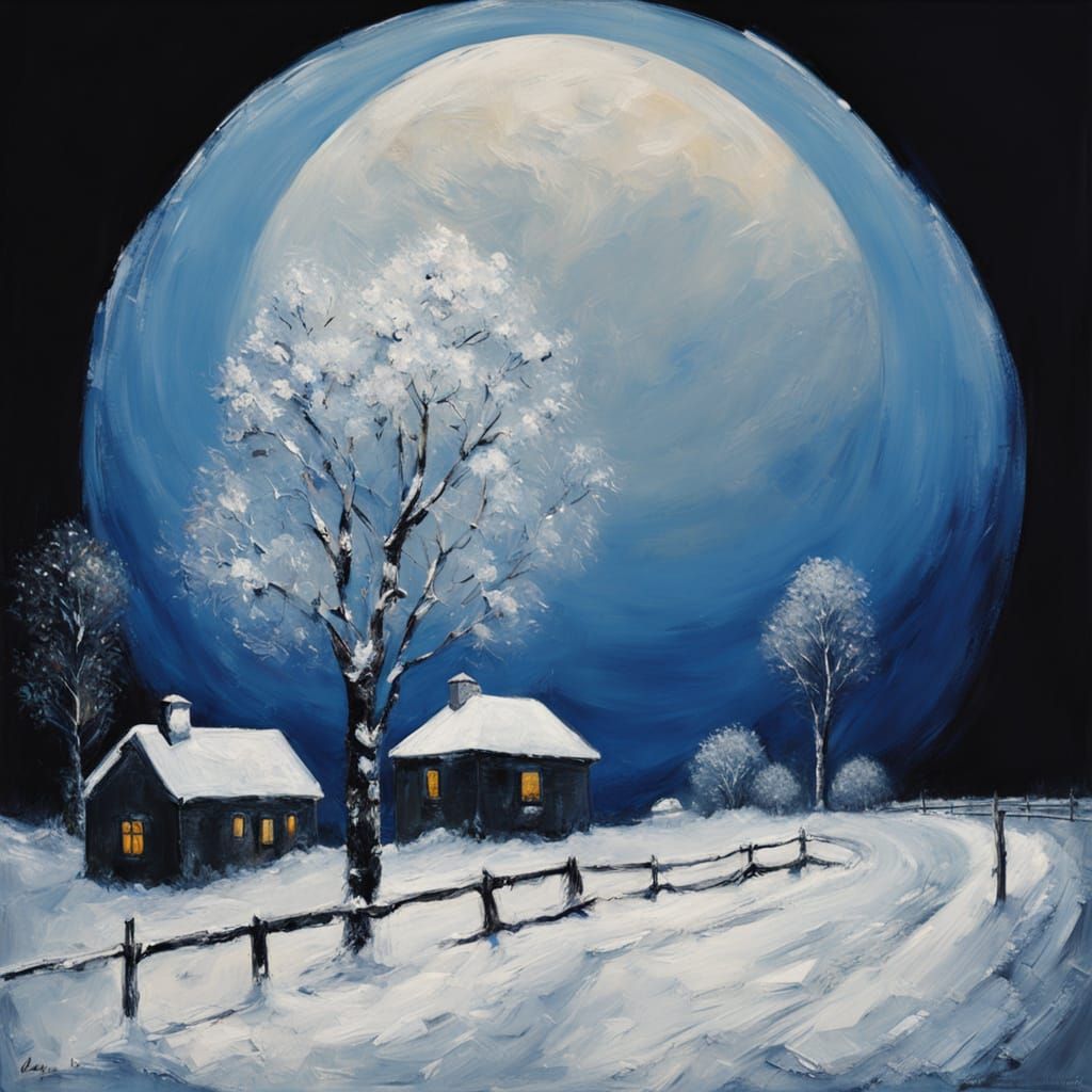 Impasto Oil Painting of Snowy Landscape Under Full Moon