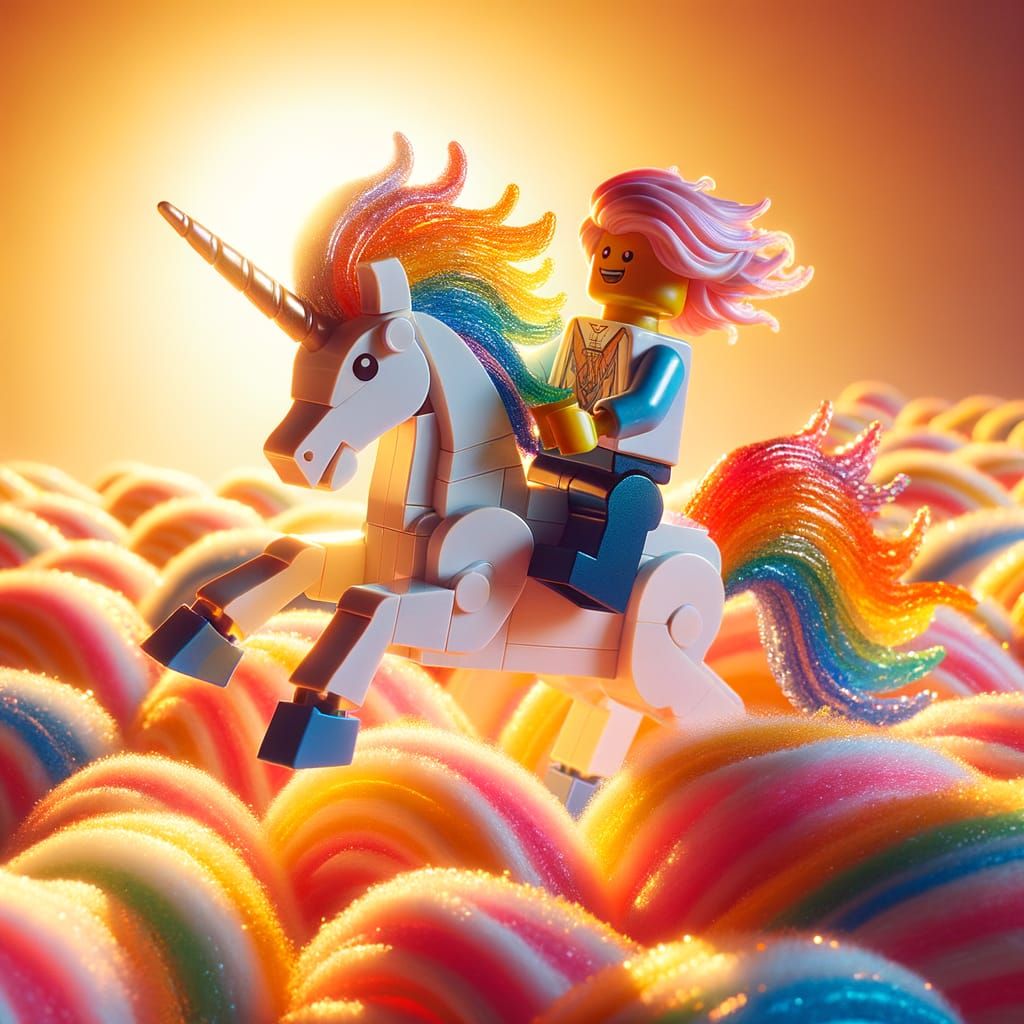 Lego Figure Rides Unicorn Through Candy Floss Field