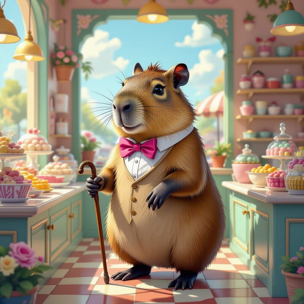 Capybara in Dessert Shop, Surrealist Art