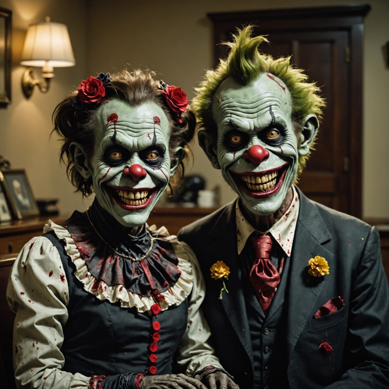 Macabre Zombie Clown Monkey Couple in Morgue