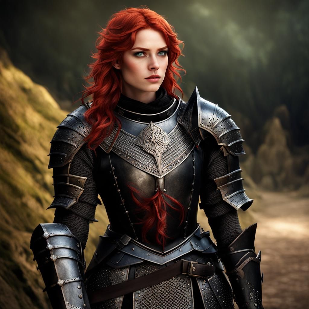a female red hair knight wearing solo a full dark armor color obsidian or ebony!!!