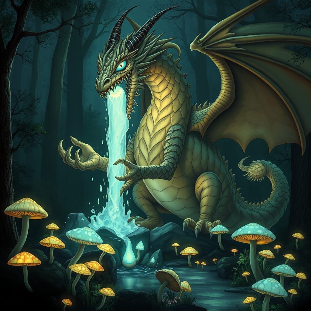 imagine a colossal,  bioluminescent dragon standing guard ov...