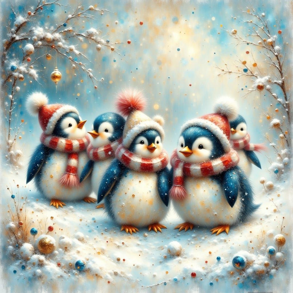 Fluffy Penguins Playing in Snow with Cozy Scarves