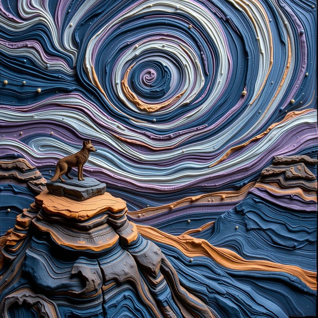 A nighttime badlands landscape sculpted entirely from colorful polymer clay, in the style of detailed relief sculpture. ...