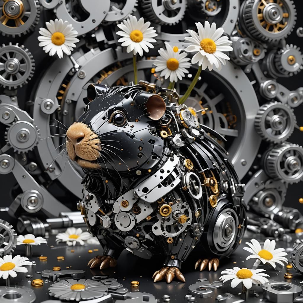 Mechanical Guinea Pig with Metal Daisy, Hyperrealistic Conce...