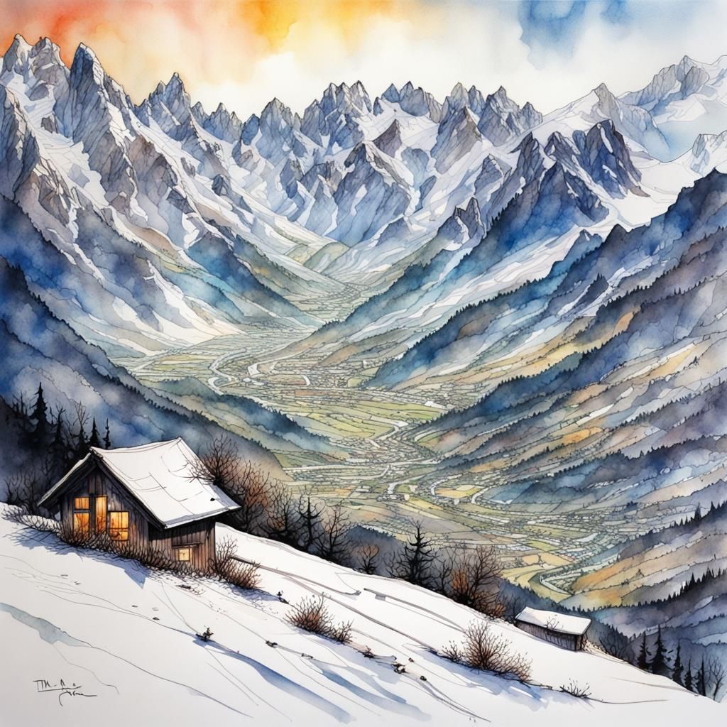 Detailed Watercolor Alps Drawing in Romantic Style