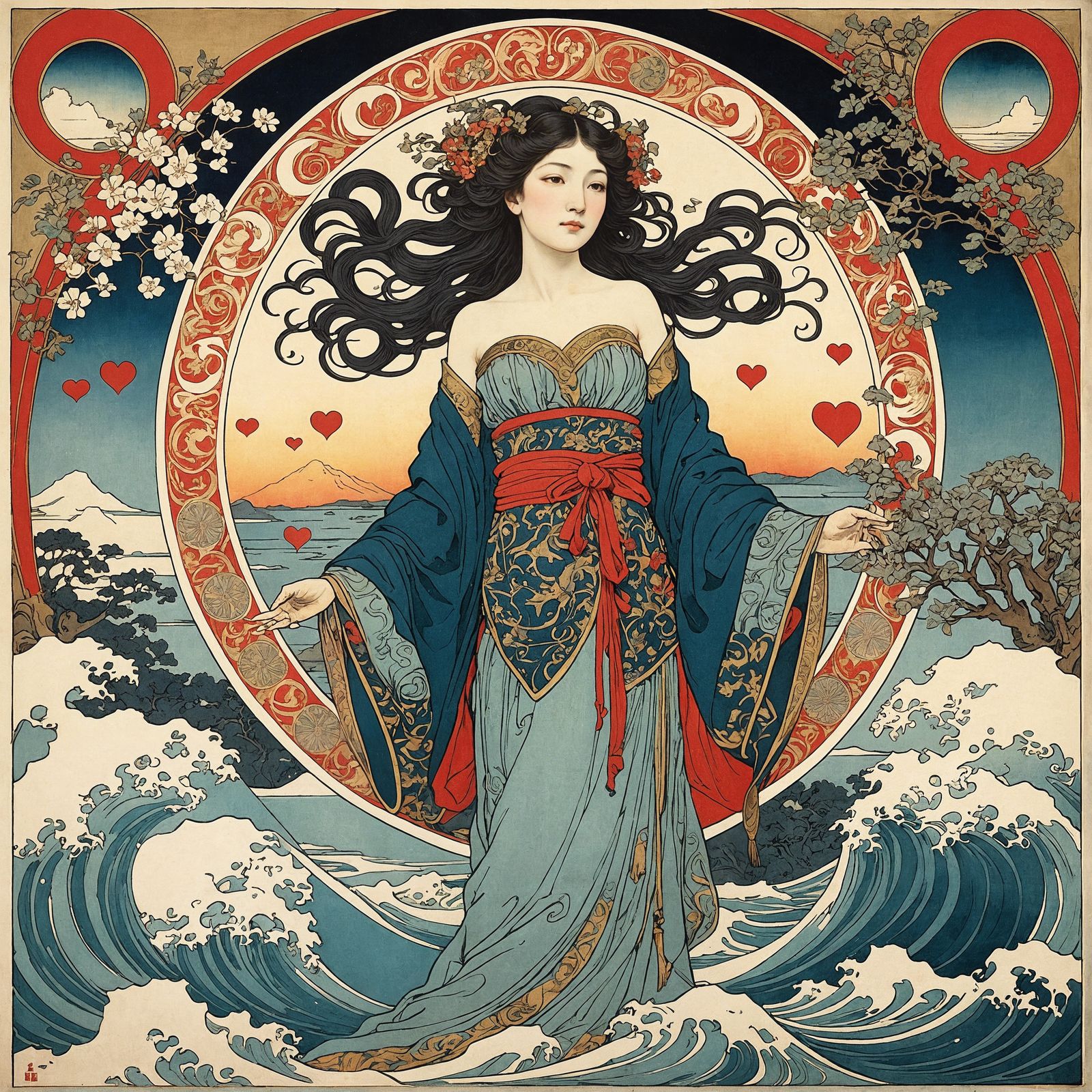 16k resolution, art by Gustave Doré, Alphonse Mucha, Katsushika Hokusai, goddess of love, heart-shaped hieroglyphics ado...