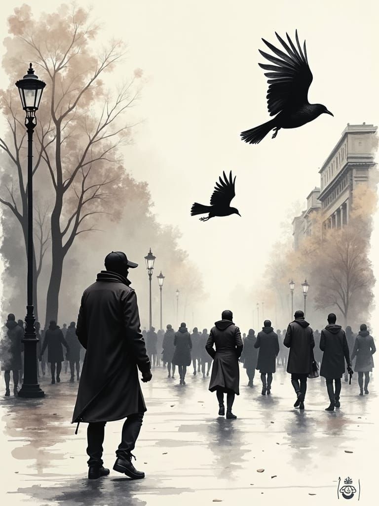 Crows at Paris Olympics in French Ink Wash