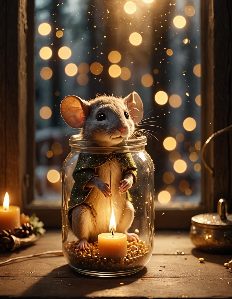 Hyperrealistic Mouse Elf in a Jar with Candlelit Glow
